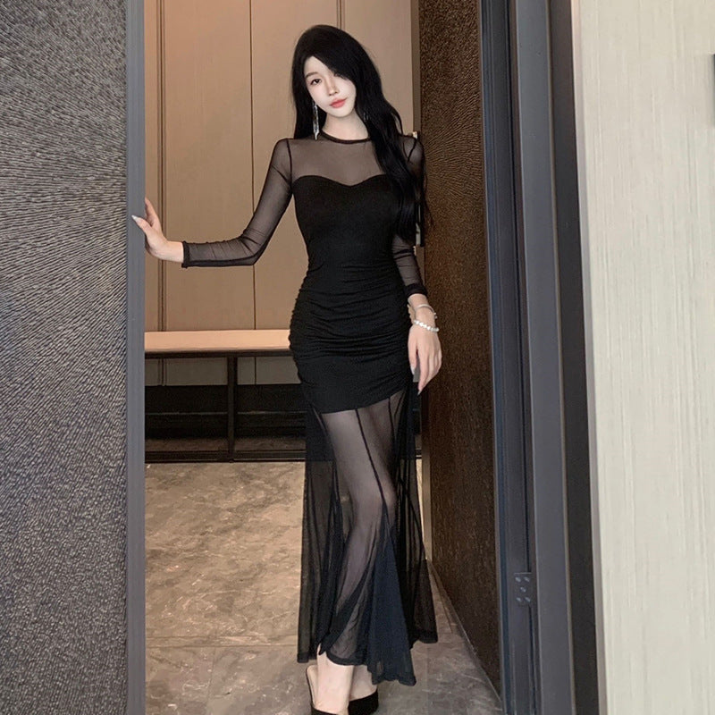 Dam Bodycon Klänning Lång Svart Mesh-2