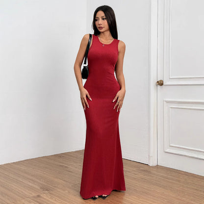 Dam Aftonklänning Lång Bakre Halsringsdesign Monokrom Högkvalitativt Tyg-5