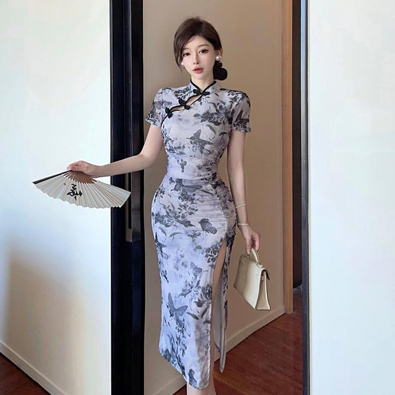 Damklänning Cheongsam med Hög Slits och Tre Fjärdedelar Ärmar i Polyester-2