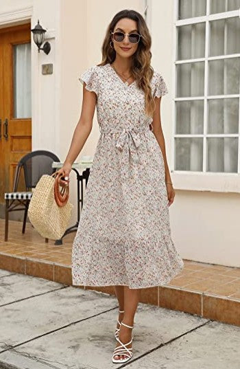 Dam Strandklänning V-Ringad Lätt Andningsbar Med Justerbart Midjebälte-1