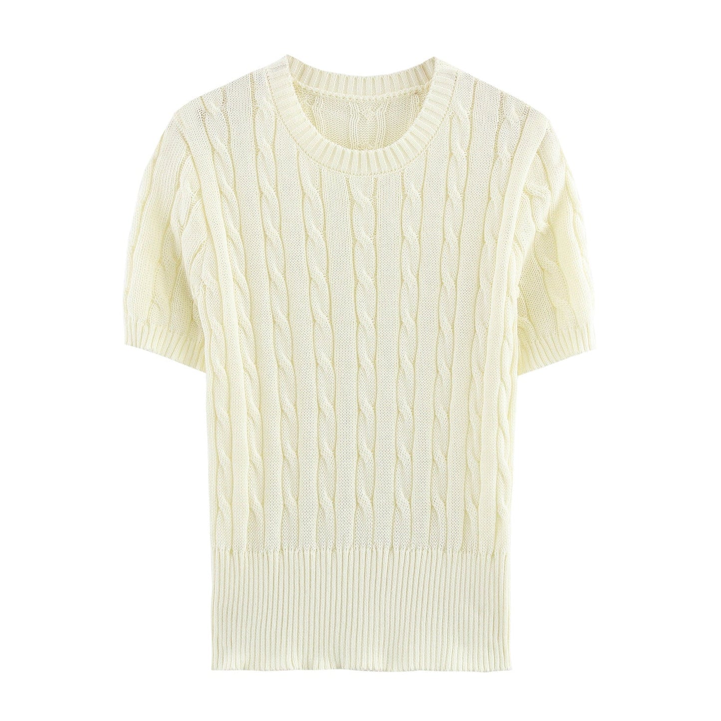 Dam Kortärmad Stickad Tröja Kabelmönster 100% Bomull-1