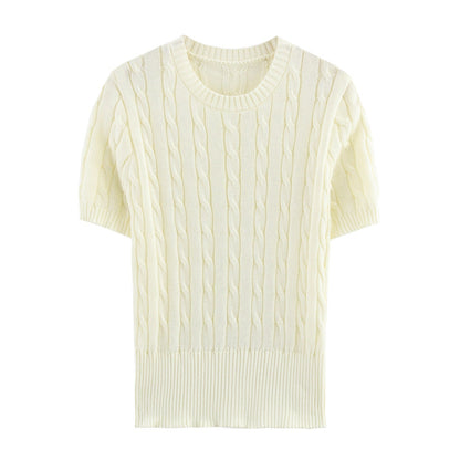 Dam Kortärmad Stickad Tröja Kabelmönster 100% Bomull-1