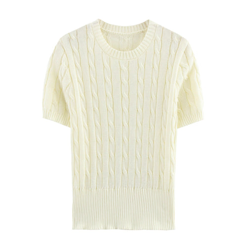 Dam Kortärmad Stickad Tröja Kabelmönster 100% Bomull-1