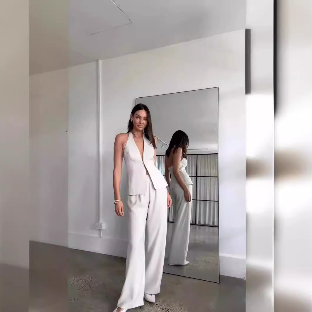 Dam Långa Byxor Ärmlös Design Högkvalitativt Tyg-4