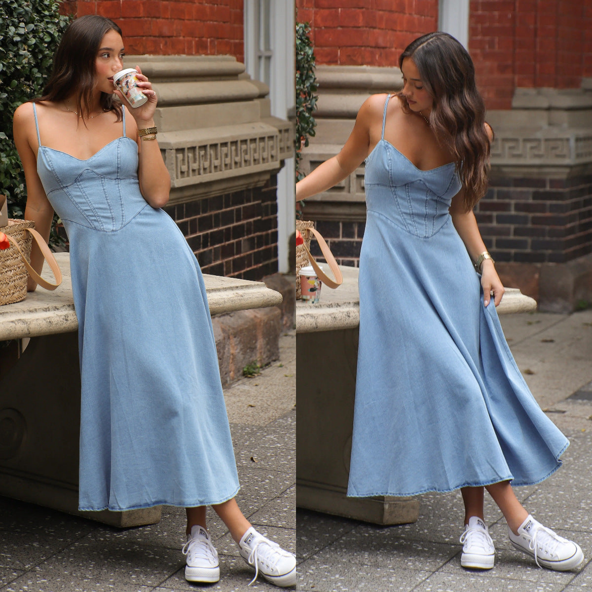 Damklänning A-linjeformad Denim V-ringning Utan Ärmar-4