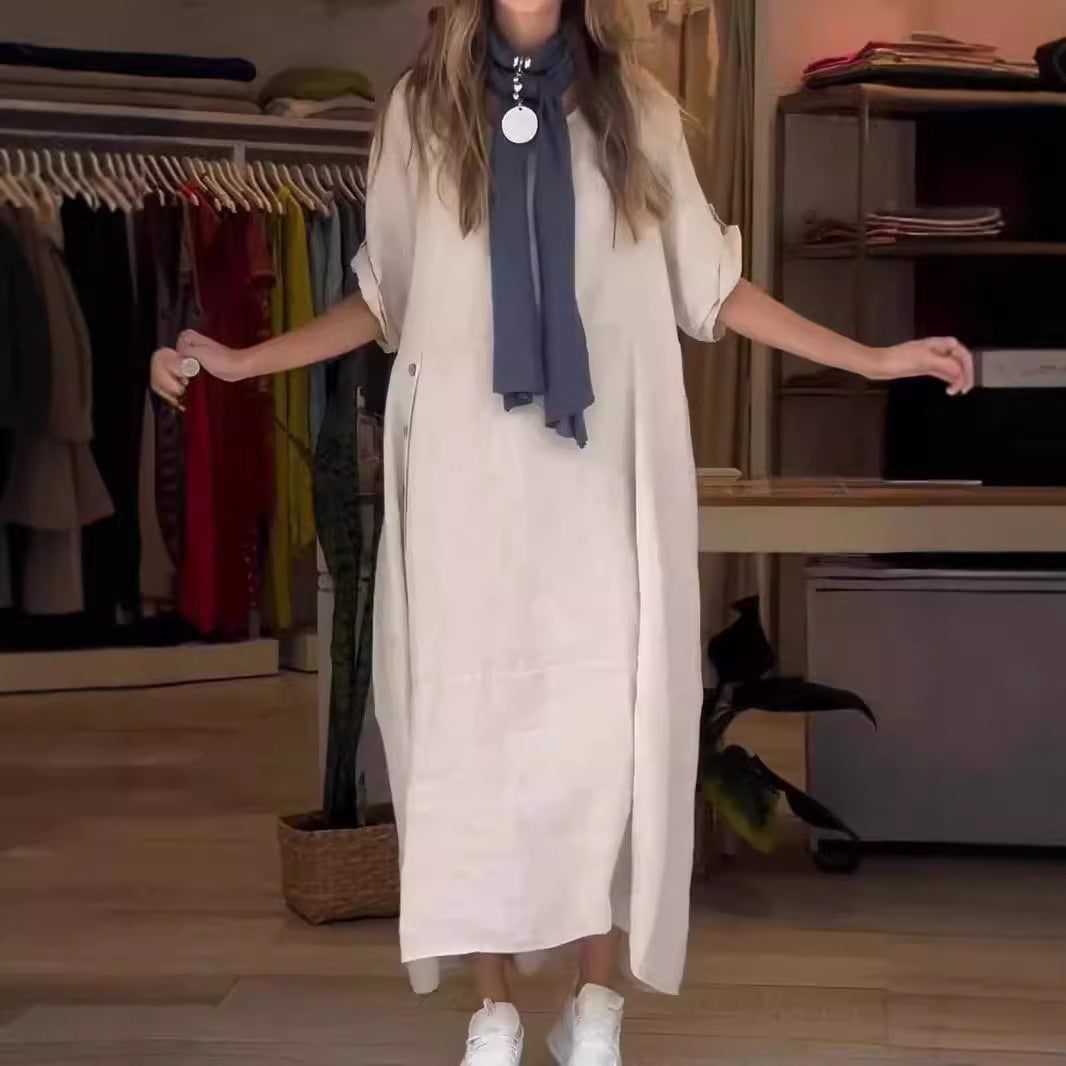 Fina Dam Klänningar Lång Kjol Kort Ärmar Bomull och Linne-5