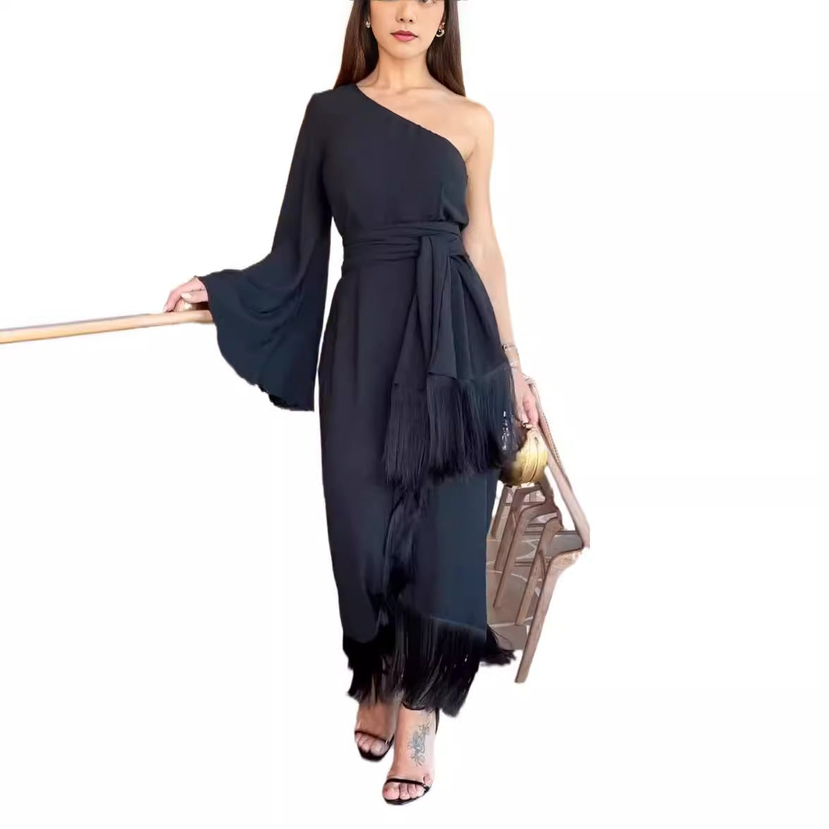 Kvinnors Aftonklänning Lång Flödande Maxiklänning med Stora Fållar-6