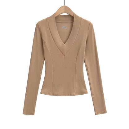 Kvinnors Långärmad Topp Djup V-hals Elastisk Material 12