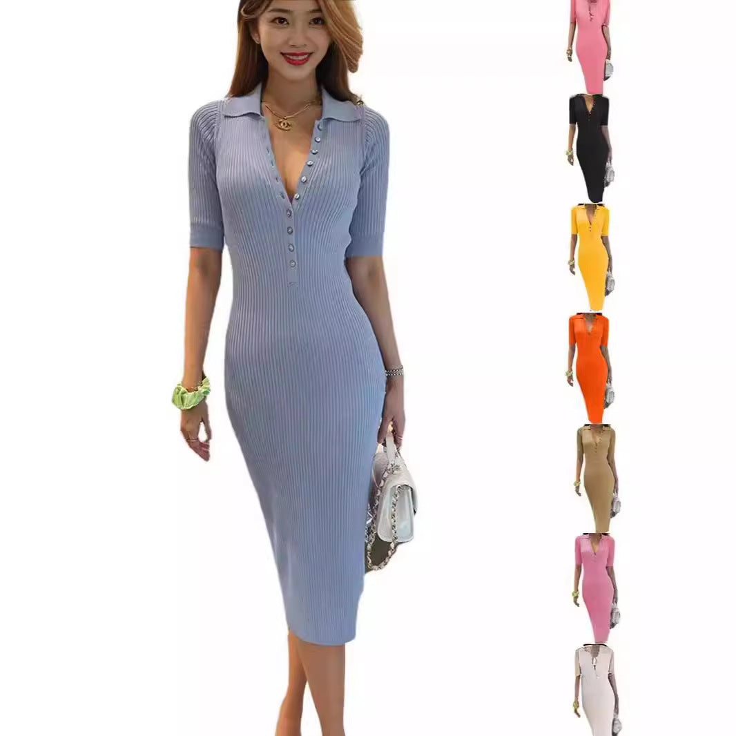 Kvinnors Klänning Rak Skärning Polyester Med Knappfront och Elastisk Midja-2