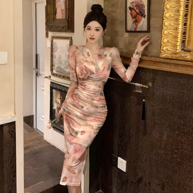 Damklänning Midi V-ringad med Tryck 100% Polyester Långa Ärmar Elegant Stil-1