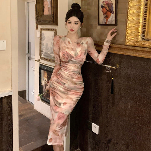 Damklänning Midi V-ringad med Tryck 100% Polyester Långa Ärmar Elegant Stil-1