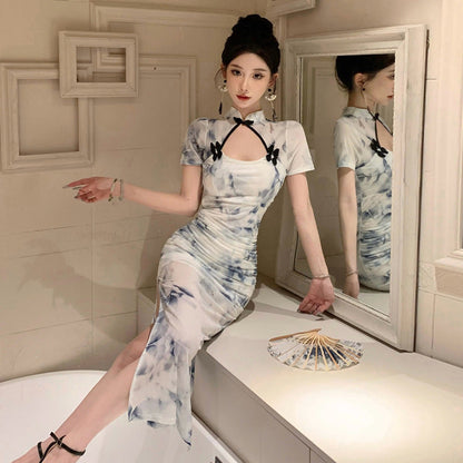 Kvinna Cheongsam Klänning Ihåligt Tryck Polyester Ståkrage 4