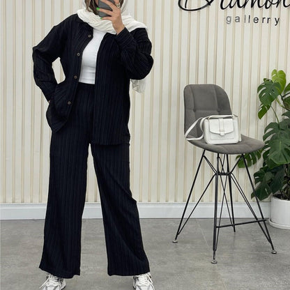 Dam Långärmad Skjorta och Raka Benbyxor Polyester Elegant Outfit-4