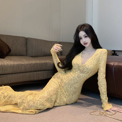 Kvinnors Lång Klänning Bodycon V-ringad Polyester Elestan-5