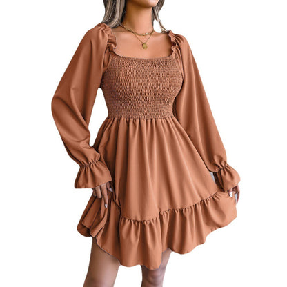 Kvinnors Midi Klänning Rynkad Fyrkantig Halsringning Polyester-5