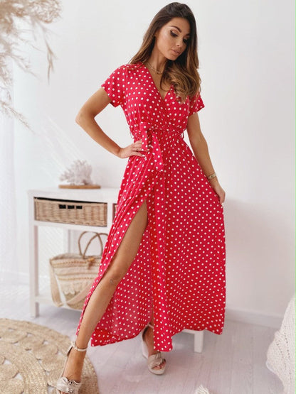 Maxiklänning Dam A-linjeformad Polka-Dot Polyester Korta Ärmar Sommar-6
