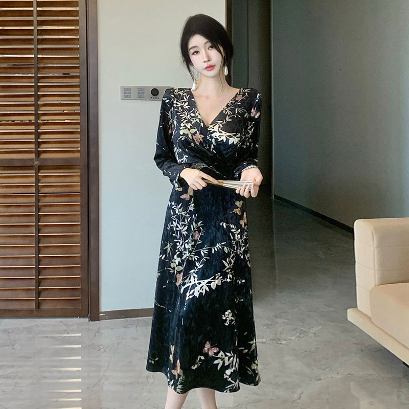 Kvinnors Midi Klänning V-ringning Sammet-2