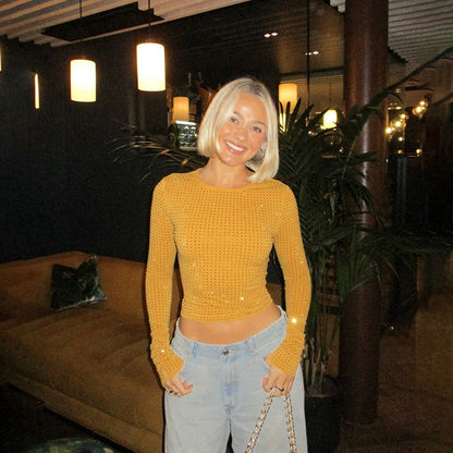 Kvinnors Långärmad Topp Perforerad Bomull Figurbetonad 3