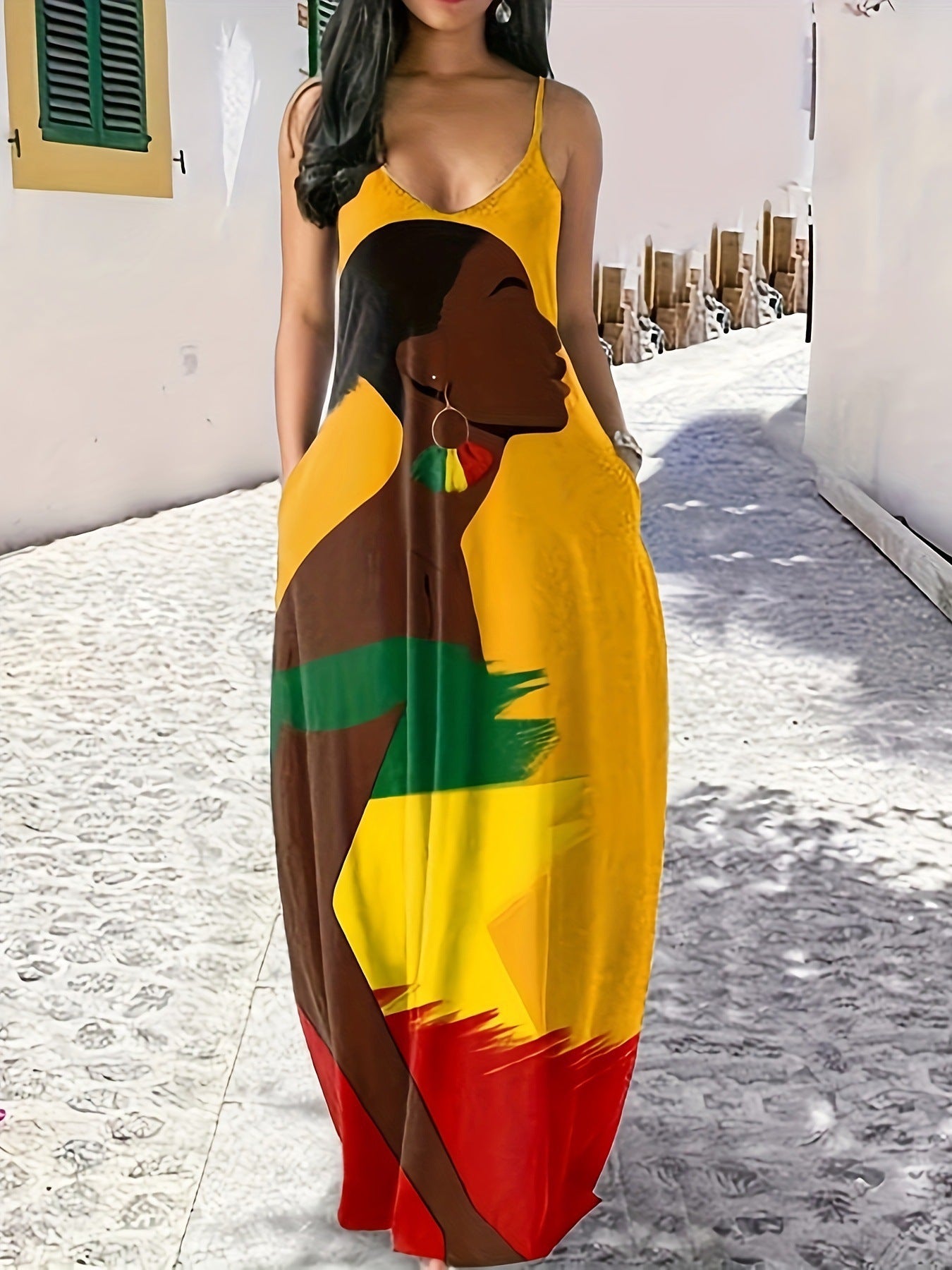 Variant image for Dam Långklänning V-ringning Spaghetti Band Patchwork 3D-Effekt-1