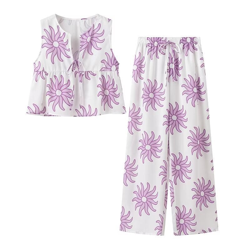 Dam Fritidsuppsättning Ärmlös Kofta Polyester Långa Byxor-4