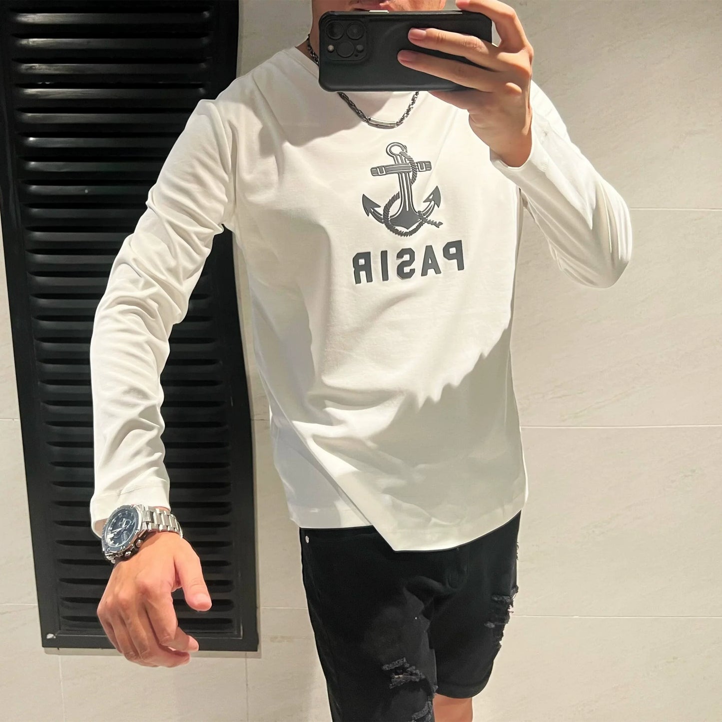 Dam Långärmad Topp Geometrisk Design 100% Bomull 4