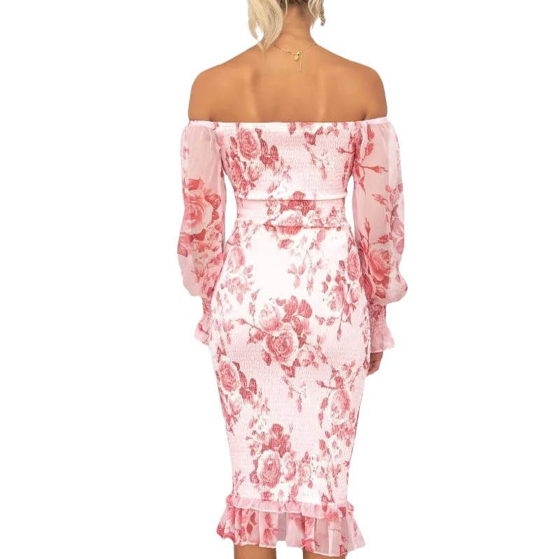 Kvinna Midi Klänning Elastisk Midja Polyester Långa Ärmar-5