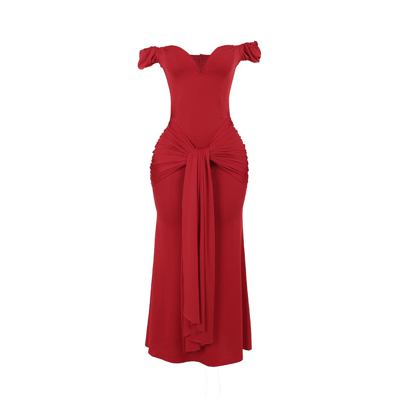 Maxiklänning Dam Off-Shoulder med Rüsch Detaljer i Elastiskt Tyg-6