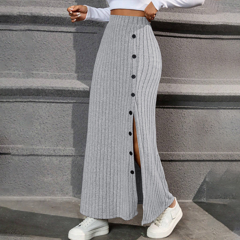 Dam Maxikjol Med Hög Slits Och Knappdesign i Andningsbart Tyg-4