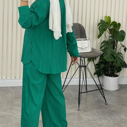 Dam Långärmad Skjorta och Raka Benbyxor Polyester Elegant Outfit-3