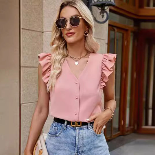 Dam Topp Rufsade Detaljer Polyester Ärmlös-2