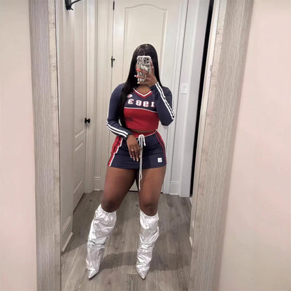 Kvinnors Set med Kort Kjol och Långärmad Topp i Spandex-2