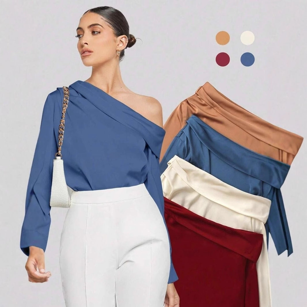 Dam Asymmetrisk Blus Off-Shoulder Satin-3
