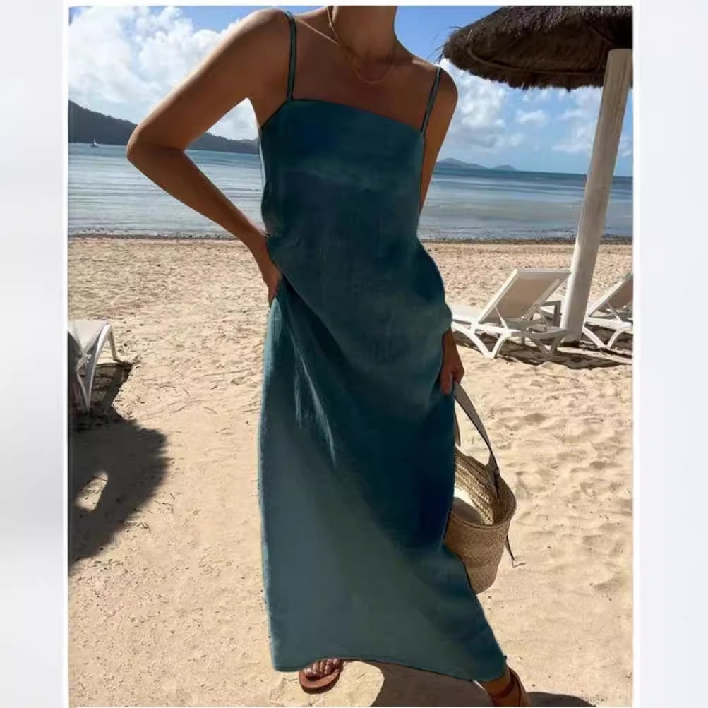 Dam Klänning Spaghetti Band Lång Kjol Bomull och Linne-2