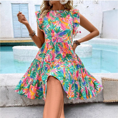 Kvinna Midi Klänning Blommönster Polyester-5