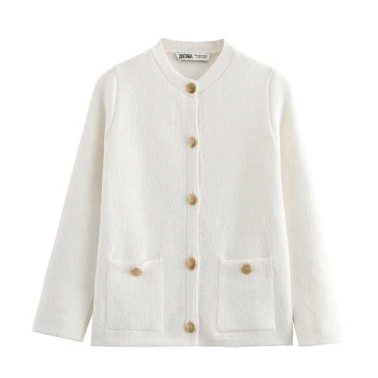 Kvinnors Cardigan med Knappdetaljer och Praktiska Väskor Mjuk Fiber-1