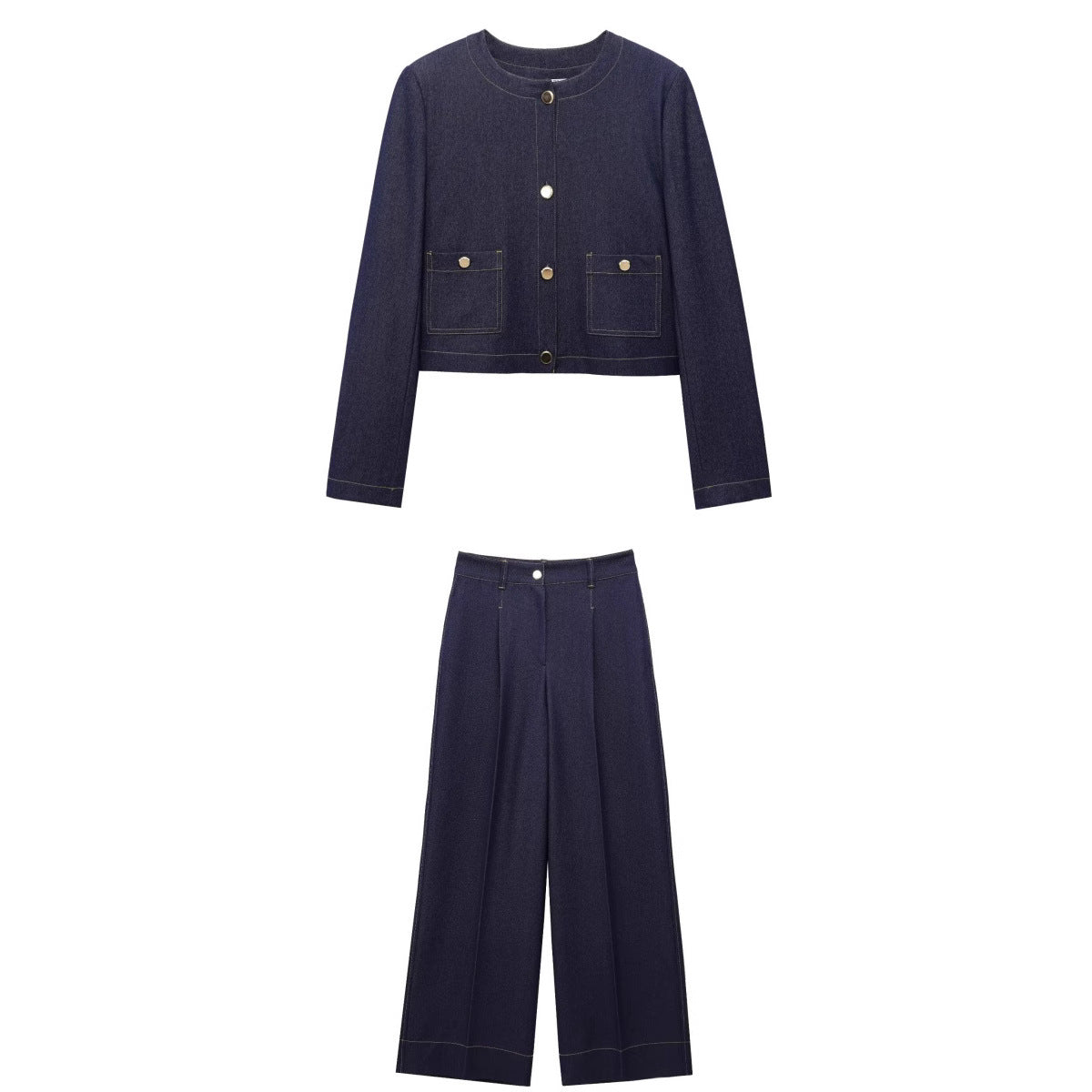 Dam Kortärmad Jacka och Bredklippta Byxor Set Polyester Sommarkläder-2