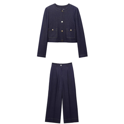 Dam Kortärmad Jacka och Bredklippta Byxor Set Polyester Sommarkläder-2