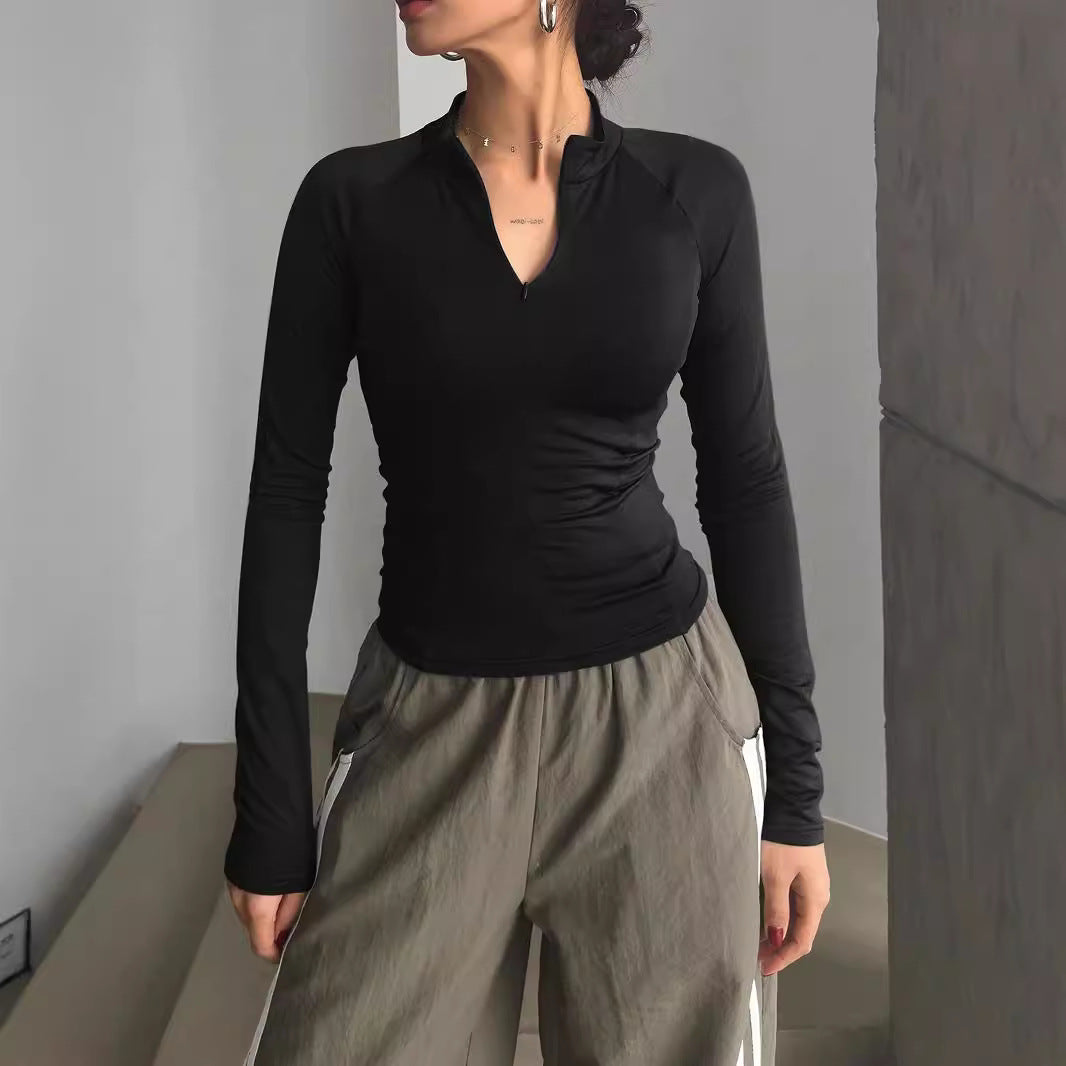 Dam Kort Topp Halvöppen Krage Polyester Långärmad-3