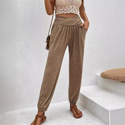 Kvinnors Långa Byxor Hög Midja Elastisk Bomull-4