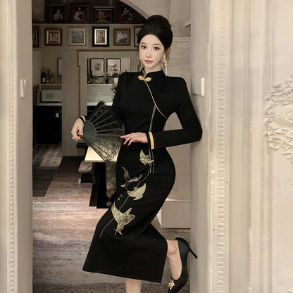 Dam Midi Klänning Broderad Långärmad Högkvalitativ Tygblandning 3