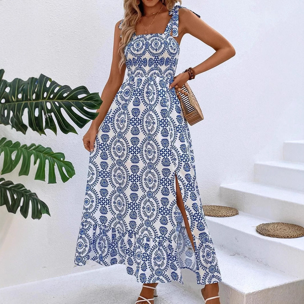 Damklänning Lång Blommig Spaghetti Rem Polyester Stilig 6