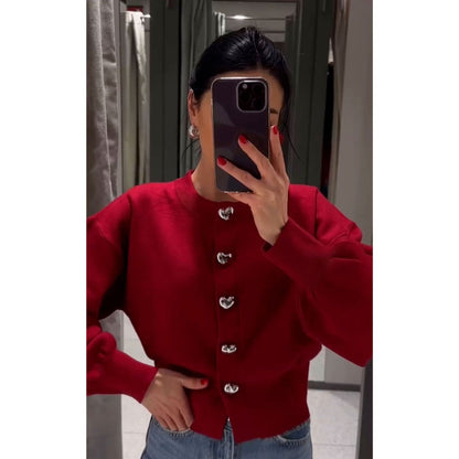 Kvinnors Cardigan Chic Krage Andningsbart Material med Hjärtformade Knappar-3