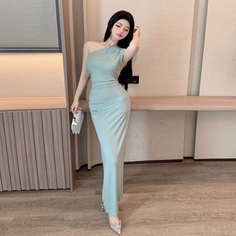 Kvinnors Lång Klänning En-axel Bodycon Högkvalitativt Tyg-2