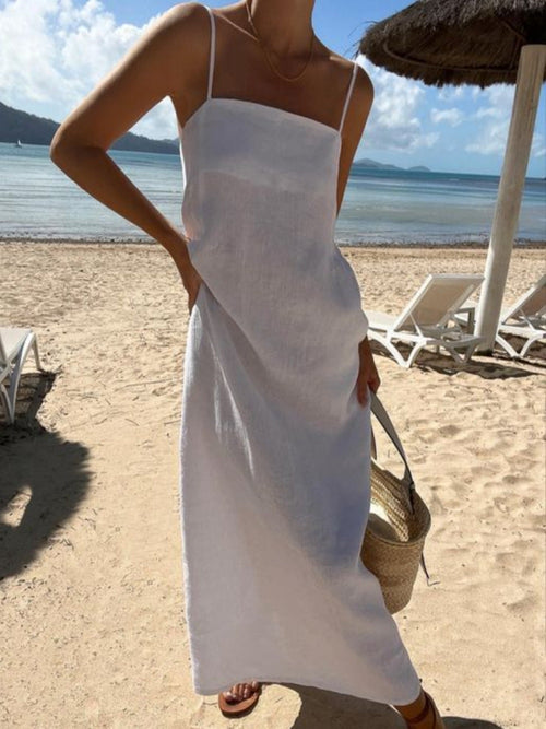 Dam Klänning Spaghetti Band Lång Kjol Bomull och Linne-1