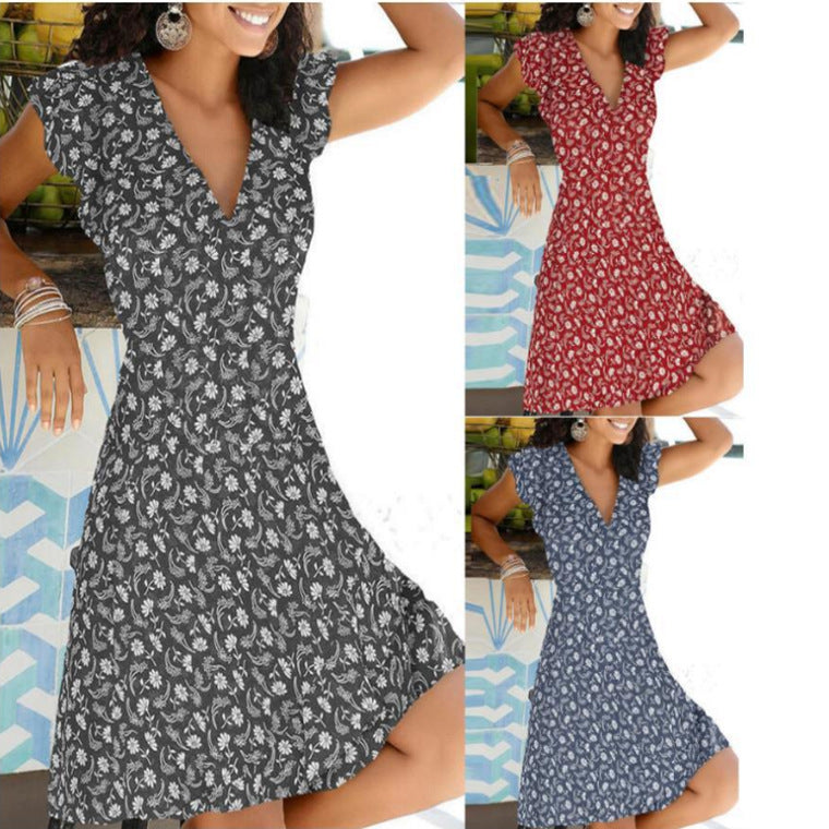 Fina Dam Klänningar V-ringad A-linjeformad med Tryckta Blommor Bomull och Polyester-4