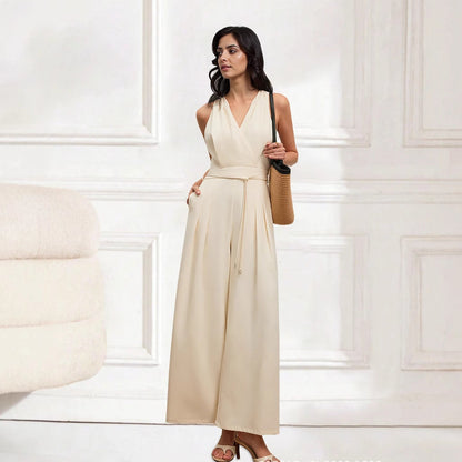Damen Jumpsuit mit Tiefem V-Ausschnitt und Seitlichem Bindegürtel – Leichtes Stoff, Bequeme Passform, Bunte Designs 1