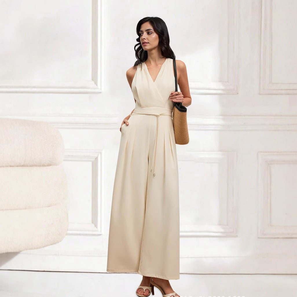 Damen Jumpsuit mit Tiefem V-Ausschnitt und Seitlichem Bindegürtel – Leichtes Stoff, Bequeme Passform, Bunte Designs 7