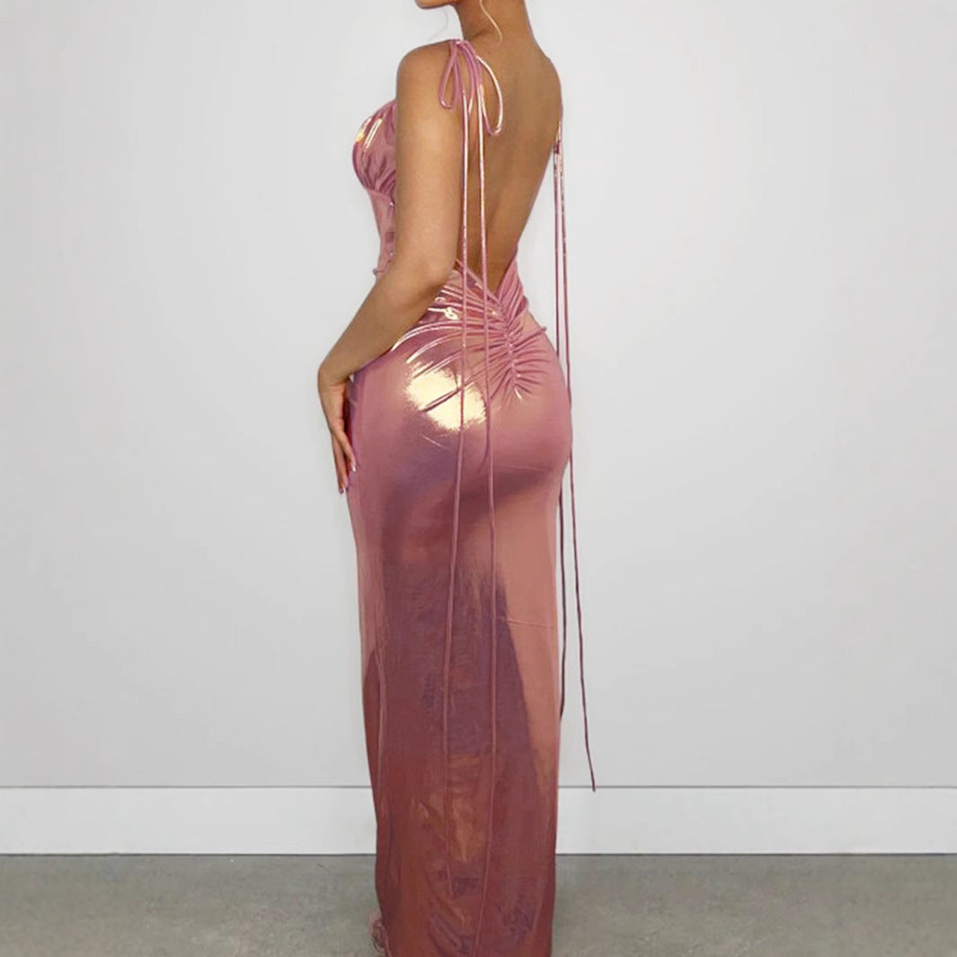 Kvinnors Maxiklänning Med Spets Detaljer Glänsande Polyester-5