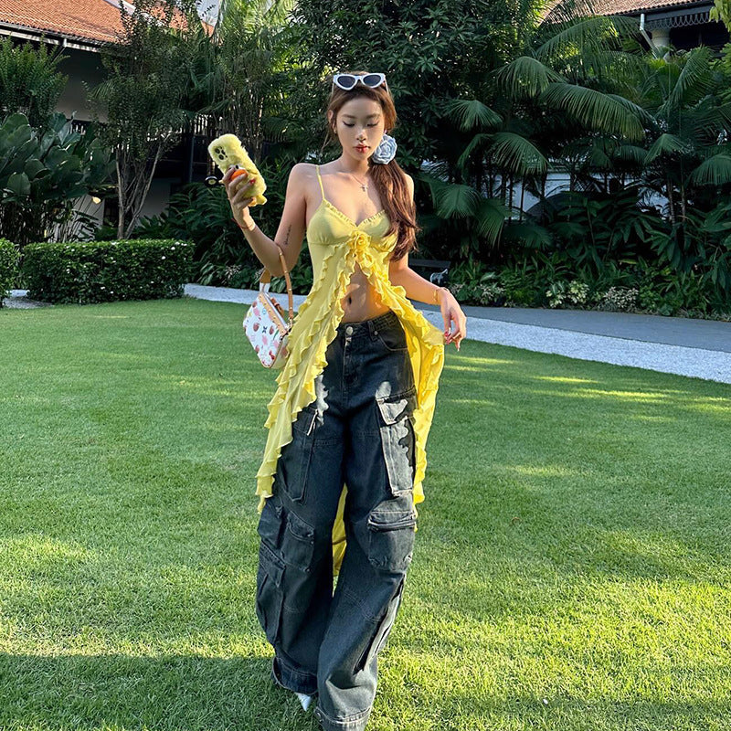 Kvinnors Ruffle Topp Vikbar Design Spaghettiband Lätt Material 3