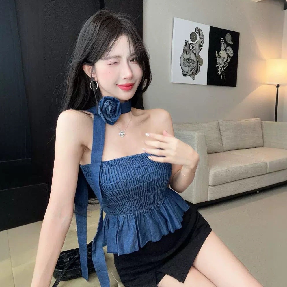 Dam Faltentop Blommönster Denim Avslappnad-4